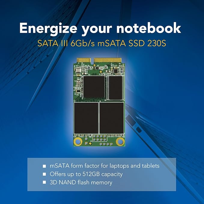 Transcend MSA230 128GB mSATA SSD with Dram Cache, Up to 550MB/s, Mini SATA III 6G/s Internal Solid State Drive for Ultrabook/Desktop/Tablet/PC/GPS/Server, 3D TLC NAND Flash, LDPC Error Correction, ECC