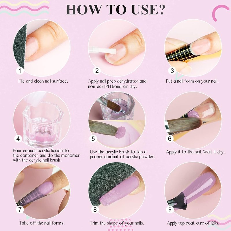 Acrylic Nail Starter Kit - Clear Pink Nude Powder & Liquid, Brush, Files | Home Practice Set