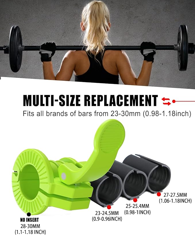 ZY-HUAN Barbell Clips 1 inch Barbell Clamps 0.9-1.18inch Quick Release Weight Clips for Bars Multi-Size Adjustable Olympic Barbell Clamps (Green)