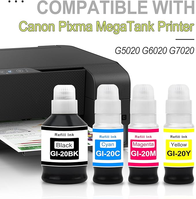 greencycle GI-20 GI20 Ink Refill Bottle Kit 4 Pack Compatible for Canon GI-20 GI20 High Capacity High Yield Black & Color Ink Bottles Combo Pack Work for G6020 G7020 G5020 Printers