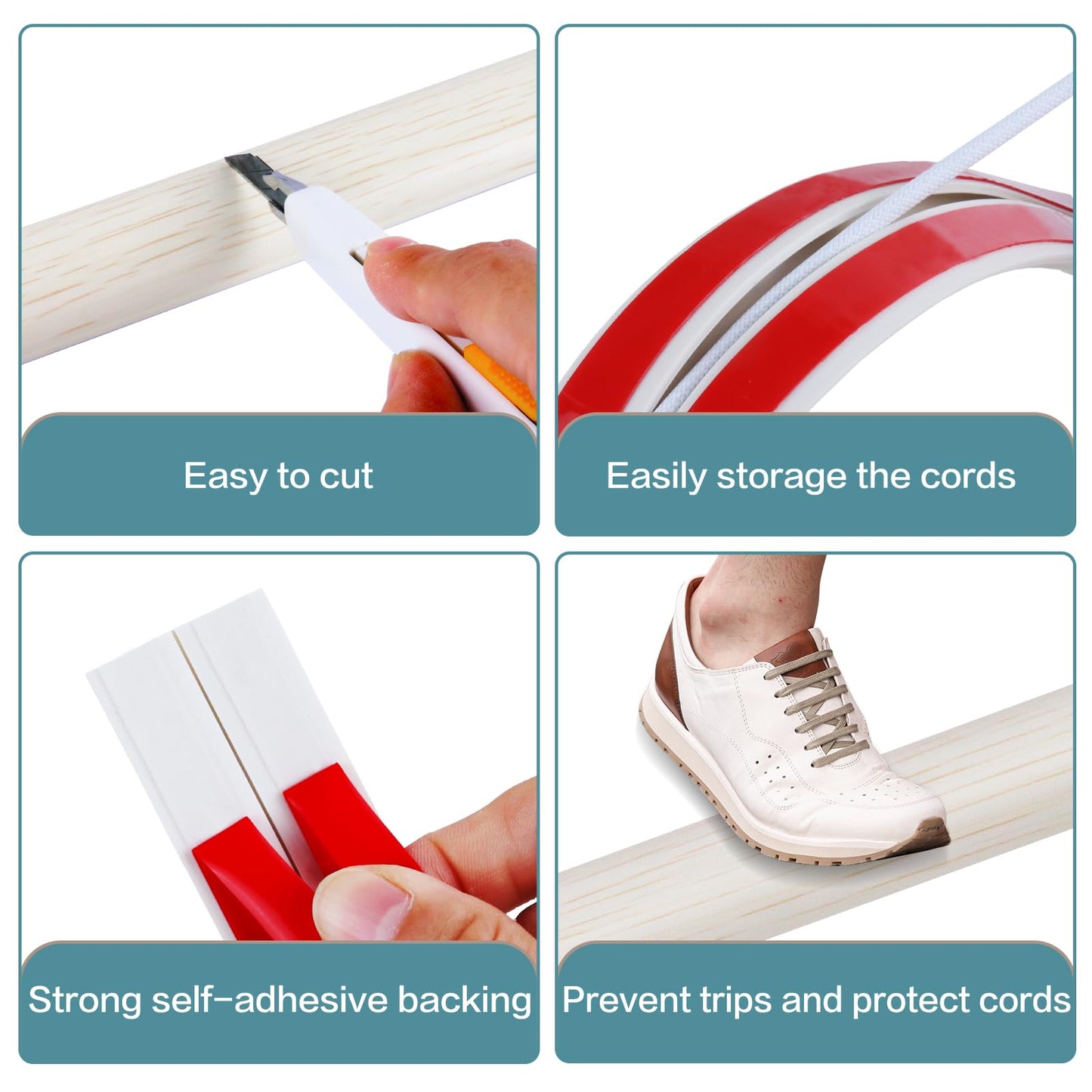Floor Cord Cover Self Adhesive Cord Hider Floor Extension Cord Covers for Floor Power Cord Protector Cable Management Prevent Cable Trips Cable Cavity 0.32" W x 0.32" H (Beige Wood, 20Ft)