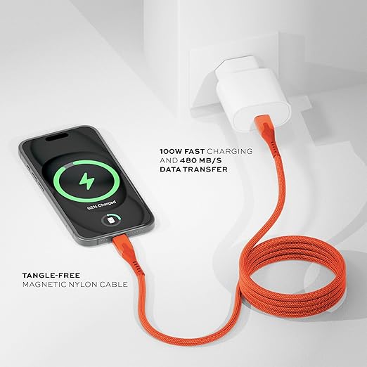 Statik MagStack Pro USB C to USB C Cable, Magnetic Type C Charger Fast Charging Cord, On The Go Magnetic Charging Cable for Car, Compatible with iPhone, iPad & Android, Orange 100W 3FT