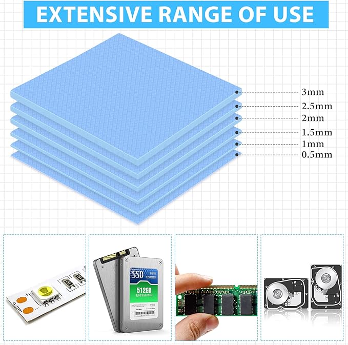 Frienda 6 Pcs Thermal Pad 100 x 100 Mm, 0.5, 1, 1.5, 2, 2.5, 3 mm Heat Resistant Conductive Silicone Thermal Pads Conductivity 6.0 W/M for Laptop Heatsink CPU Gpu LED Cooler(Blue)