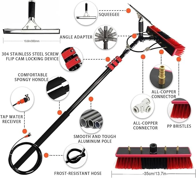 Telescopic Cleaning Brush, Multi-Purpose Water Spray Brush, Solar Panel Cleaning Equipment, Telescopic Hydrocleaner, 3.6m-10.8m, Roof Cleaning Tools Window Cleaner Kit(36FT/10.8M)