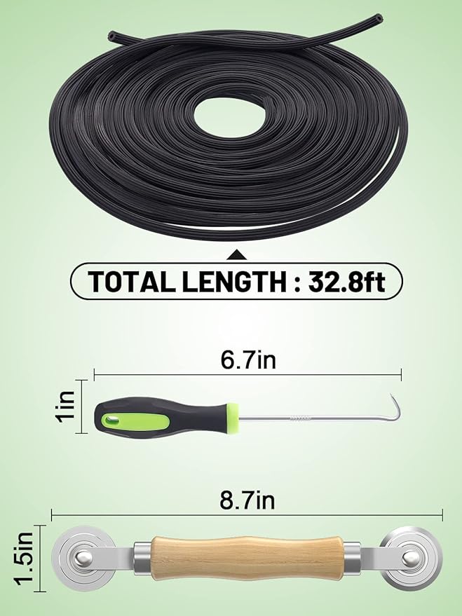Screen Repair Kit - 3 in 1 Screen Tools Including Roller, 0.14in x 32.8ft Spline, Removal Hook for Replacing & Installing Door Window Screens