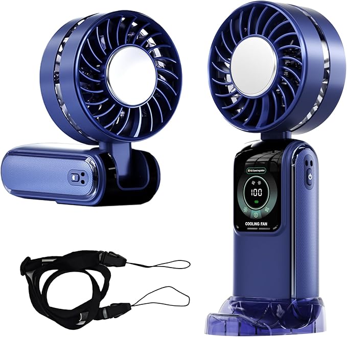 GZEduld Quiet Personal Handheld Fan with Stand & Lanyard, 5000mAh USB-C Rechargeable Battery, 12H Runtime 5-Speed LED Display Mini Cool Fan for Travel Beach Concerts Outdoor Events（Blue）