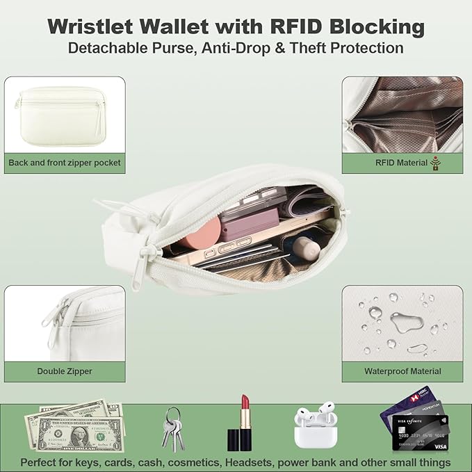 YFWE Clip and Go Strap for Phone with Wallet Crossbody, Adjustable Phone Lanyard with Detachable RFID Wristlet Wallet & Ultra-Thin 360° Rotatable Metal Tabs for All Smartphones (Cream)