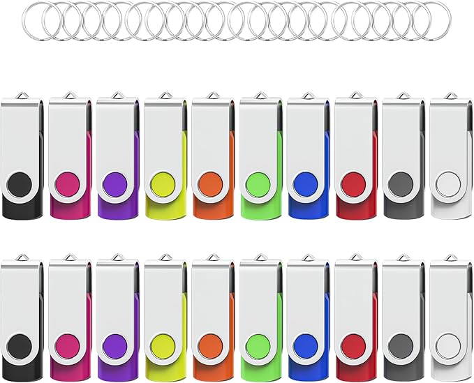 Wooolken Flash Drives 16GB 20 Pack with Keychains, Swivel USB 2.0 Thumb Drives Bulk USB Drive Memory Stick Date Storage Pack (Mixcolors)