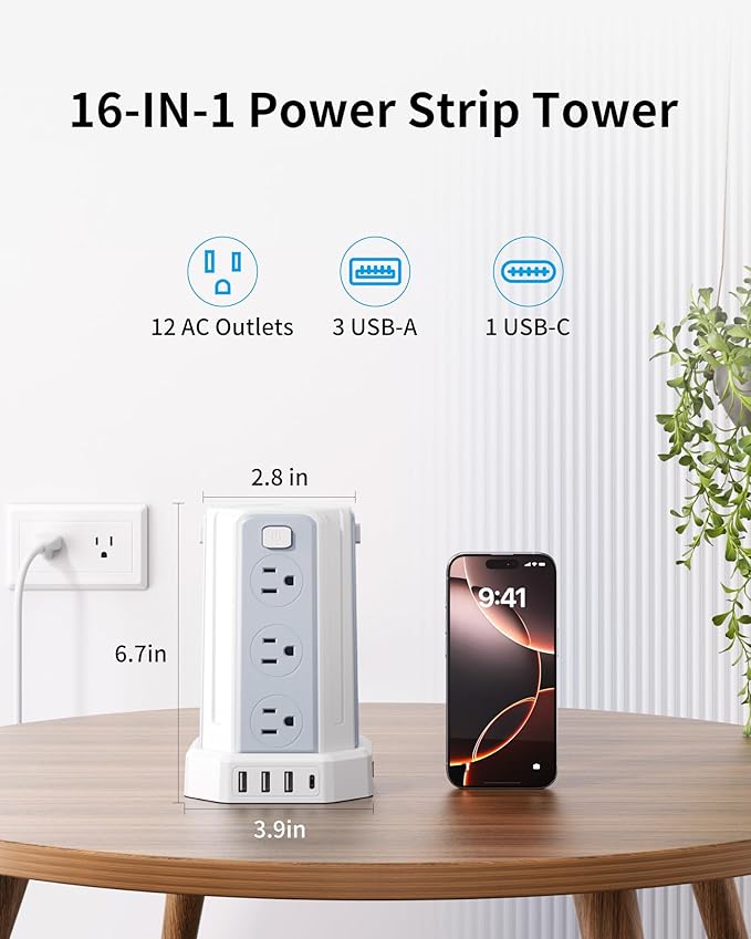 Power Strip Surge Protector, 6.5 Ft Extension Cord with 12 AC Multiple Outlets 4 USB (1 USB C), SMALLRT Power Tower Desktop Charging Station