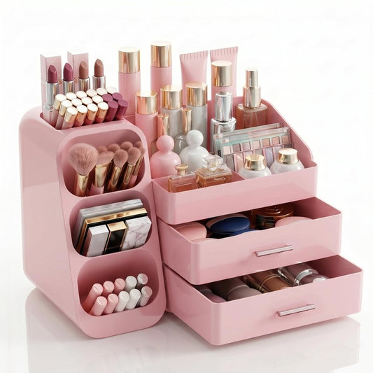 KQJS Makeup Organizer with Drawers,Large Capacity Countertop Organizer for Vanity,Bathroom and Bedroom Desk Cosmetics Organizer,Easy To Storage Skincare,Brushes,Lotions (All Pink)