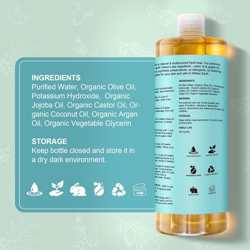 Yoken Pure Castile Soap Liquid Unscented 67 fl oz Castile Liquid Soap Made With Organic Oil, Clean & Gentle, No Palm Oil, Vegan, Natural Castille soaps for Face Body Hand Wash, Dishes Multi-purpose