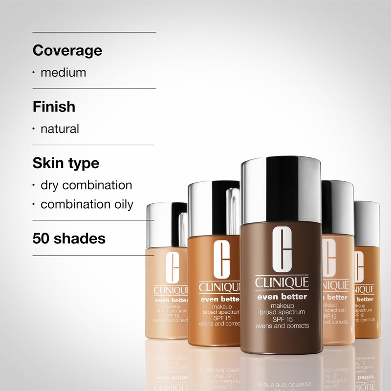 Clinique Even Better Makeup Liquid Foundation SPF 15 With Vitamin C For Dry + Oily Combination Skin Types | Medium Coverage + Natural Finish | Evens Skin Tone + Reduces Dark Spots, Oat, 1 Fl Oz