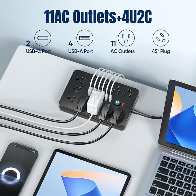 JouleLoom 2PCS 5 FT Flat Plug Surge Protector Power Strip,11 Multiple AC Outlets with 6 USB Ports (2 USB C), 5 Feet Extension Cord, 1250W/10A, One Touch Switch Button, 17 in 1 Compact powerstrip