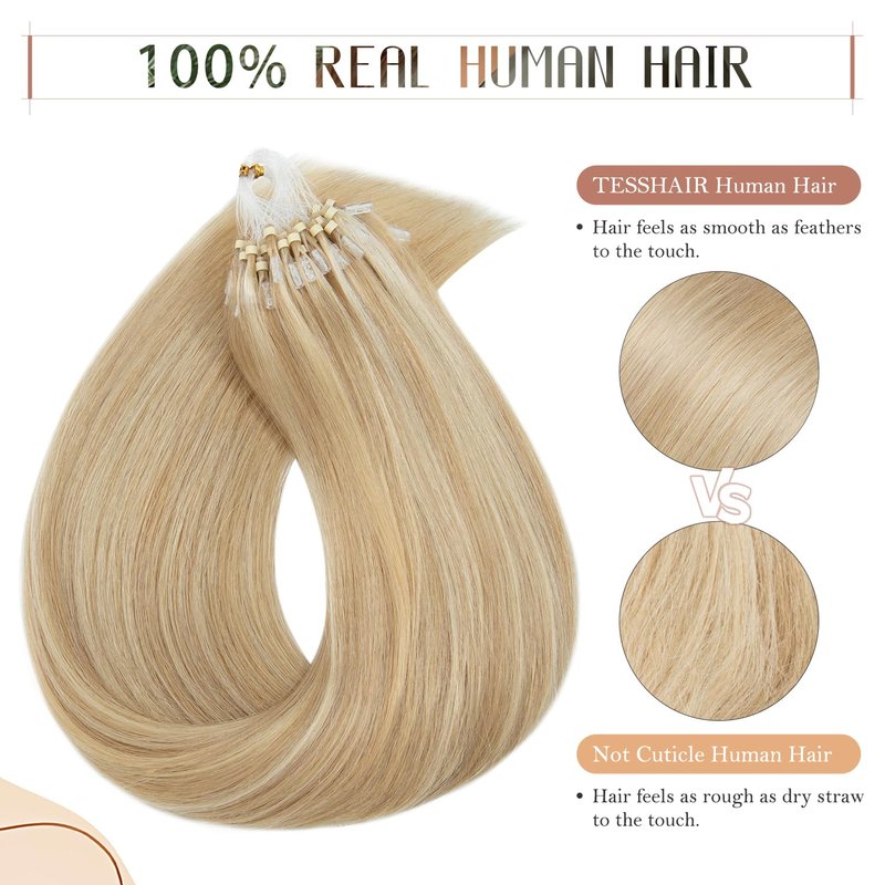 TESSHAIR Micro Loop Hair Extensions, 100% Remy Human Hair, Microlink Extensions, No Tangle & Smooth, 50 Strands 50g, 16 Inch #Blonde & Bleach Blonde