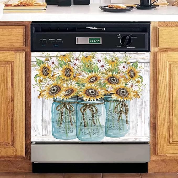 Farm Sunflower Dishwasher Cover Sticker, Vase Sunflowers Fridge Decal Panel, Farm Style Vinyl Home Appliance Cover, Ordinary 23"x17"INCH