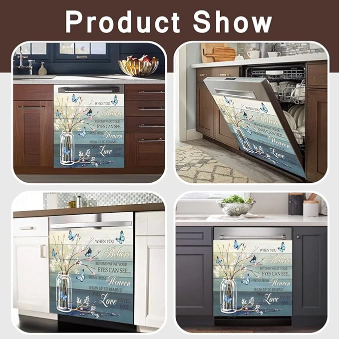 Floral Butterfly Dishwasher Magnet Cover -When You Believe Beyond What Your Eyes Can See Decals Magnetic Decoration,Flower Vase Dishwasher Magnets Decal for Home Kitchen Appliance Decor 23"x26"
