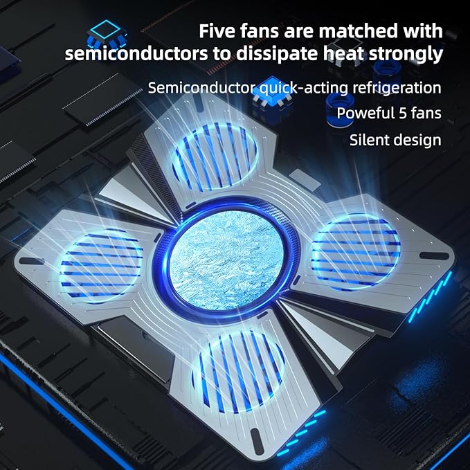 Yiodelu Thermoelectric Laptop Cooling Stand with 5 Fans - Adjustable Height for Laptops up to 19", Compatible with MacBook, Alienware, ROG & Gaming Laptops