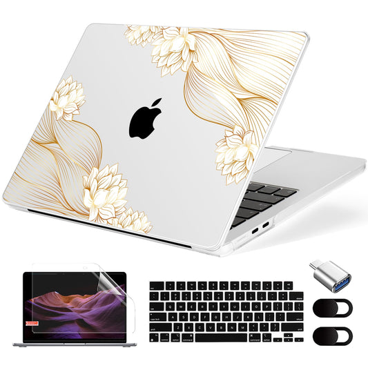 MecBevia Compatible with MacBook Air 13.6 inch Case, M4 A3240/M3 A3113/M2 A2681 (Released 2025 to 2022), Hard Shell, Keyboard Cover, Screen Protector, Webcam Cover & Type-C Adapter, Gold Lace Flower