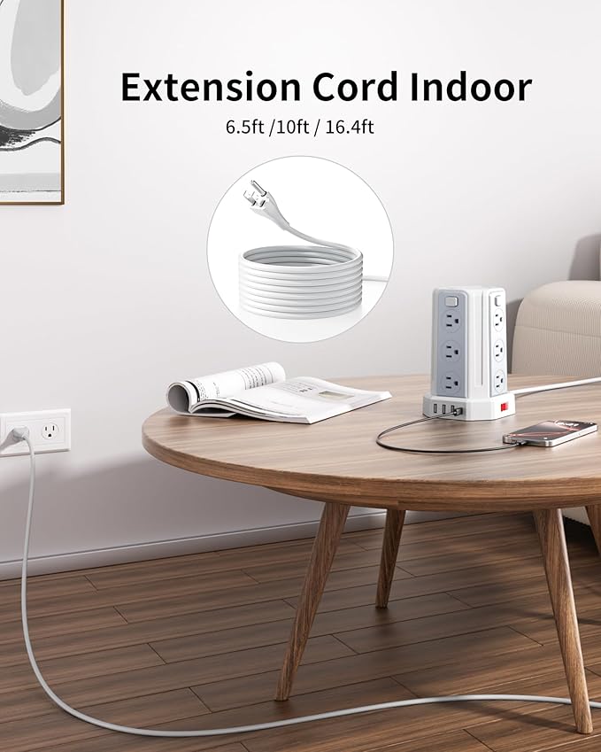 Power Strip Surge Protector, 6.5 Ft Extension Cord with 12 AC Multiple Outlets 4 USB (1 USB C), SMALLRT Power Tower Desktop Charging Station
