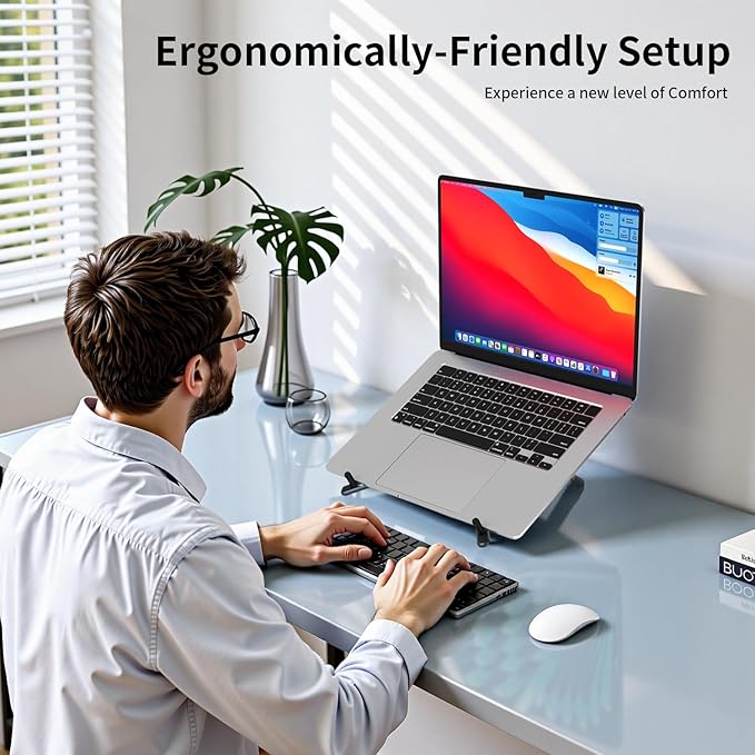 makecatch Portable Laptop Stand for Desk, 3-in-1 Adjustable Holder for MacBook, 8-Level Height & Angle, Aluminum Alloy Desktop Stand, Compatible with 4-13” iPhone, 10-16” Laptops & Tablets(Gray)