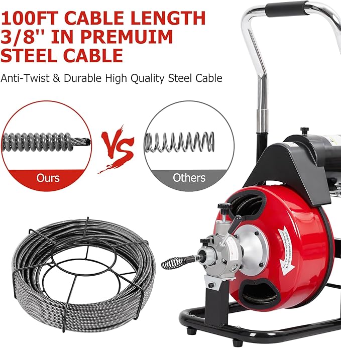 Drain Cleaner Machine 100FT x 3/8 Inch, Plumbing Auger Snake with Auto Feed, 8 Cutters, Foot Switch & Wheels, Portable Sewer Cleaning Tool for 1"-4" Pipes, Home and Bathroom Maintenance