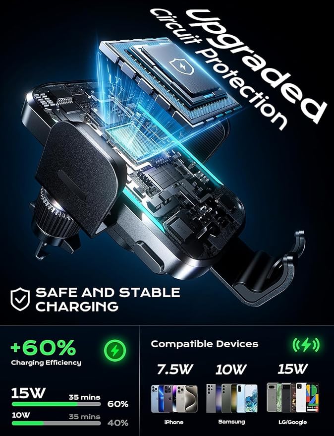 CHGeek Wireless Car Charger, 15W Fast Charging Auto-Clamping Phone Mount, Air Vent Holder with Blue LED for iPhone 17/16/15/14/13, Samsung S24/S23/S22 (Knight Black)