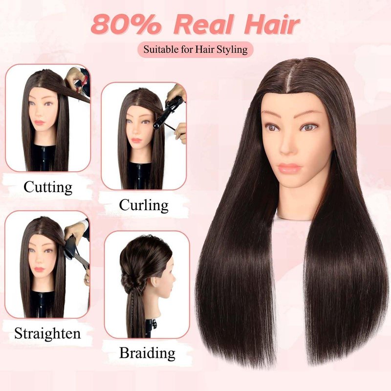 MQHIHI Mannequin Head Human Hair, 80% Real Hair Cosmetology Manikin Head for Practice Braiding Hairstyling Cutting with Free Clamp Holder and Tools (Dark Brown)