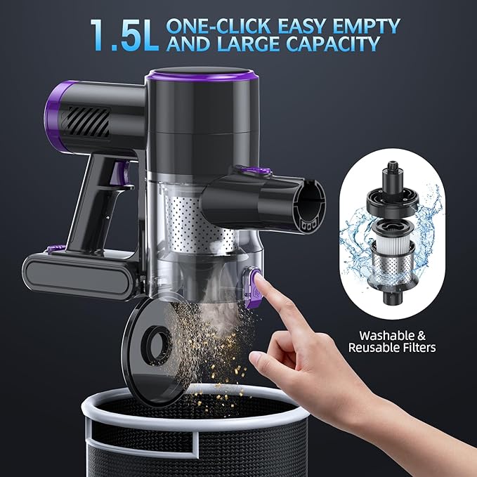 Cordless Vacuum Cleaner, Stick Vacuum with LED Display, 2 Modes 6 in 1 Lightweight Rechargeable Cordless Stick Vacuum with 40Min Detachable Battery Vacuum Cleaner for Home Hard Floor Carpet