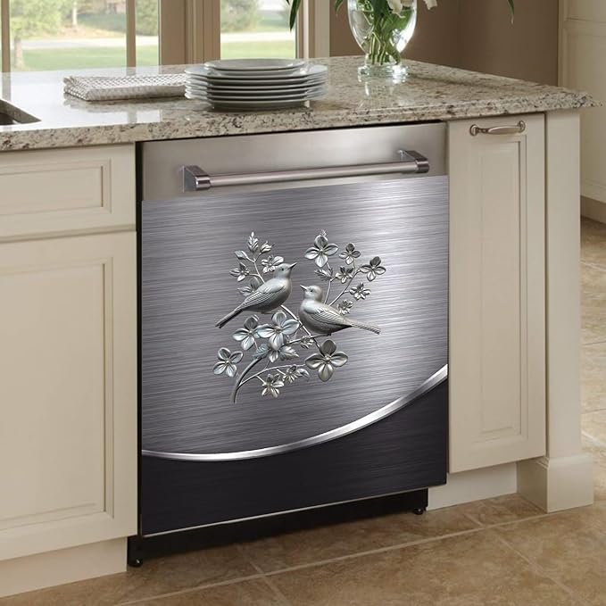 Grey Metal Silver Pattern Dishwasher Cover Sheet Magnetic Bird Flower Polishing Steelbird Dishwasher Skin Decor Silver Texture 23X17 INCH Magnet Rerigerator Wrap Kitchen Panel Full Decal