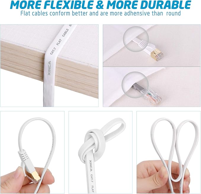 XINCA Cat 7 Flat Ethernet Cable 50ft White, High Speed 10GB Shielded (STP) LAN Internet Network Cable Ethernet Patch Computer Cable with Rj45 Connectors and 25pcs Adhesive Cable Clips