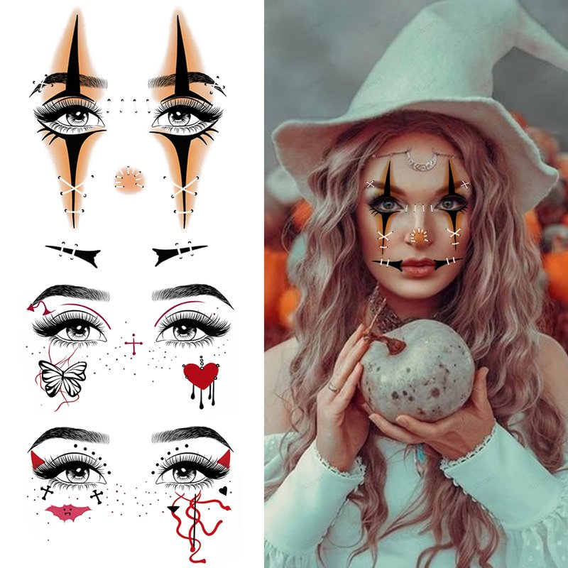 15 Pcs Horror Halloween Face Makeup Tattoos Stickers Clown Demon Spider Web Ghost Vampire Eyeshadow Temporary Stickers Scary Fake Blush Freckles Face Tattoos for Day of Dead Carnival Party Decoration