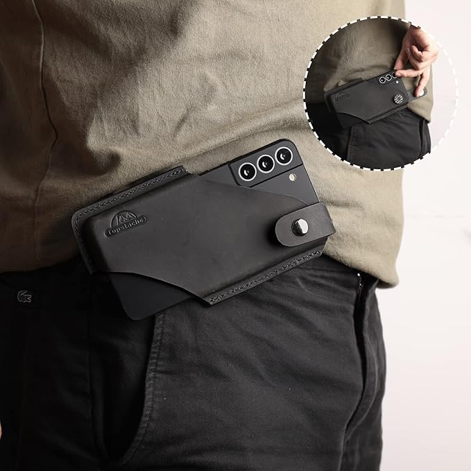 Topstache Leather Cell Phone Holster for iPhone 17/17 Pro/16/16 Pro - Belt Clip Cell Phone Case for Men for Galaxy S25/S24/S23 - Magnetic Closure Leather Holster Holder Pouch, M,Black