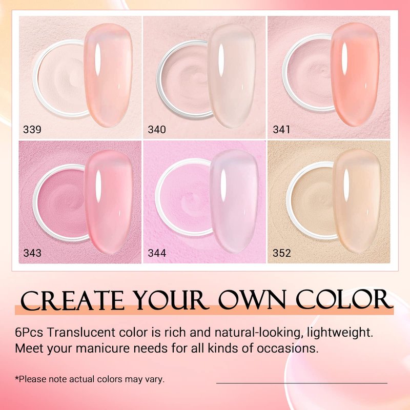 AZUREBEAUTY Dip Powder Set 6 Pcs Translucent Nude Pink Sheer Color, Natural Clear Dipping Powder Milky Jelly Effect French Nail Art Starter Manicure Salon DIY at Home
