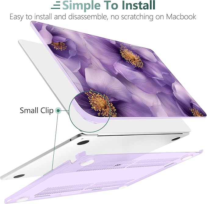 TWOLSKOO for MacBook Air 15 inch Case 2026 2025 2024 2023 Release M5 A3448 M4 A3241 M3 A3114 M2 A2941, Plastic Hard Shell & Screen Protector & Keyboard Cover & Type C Adapter, Purple Flowers
