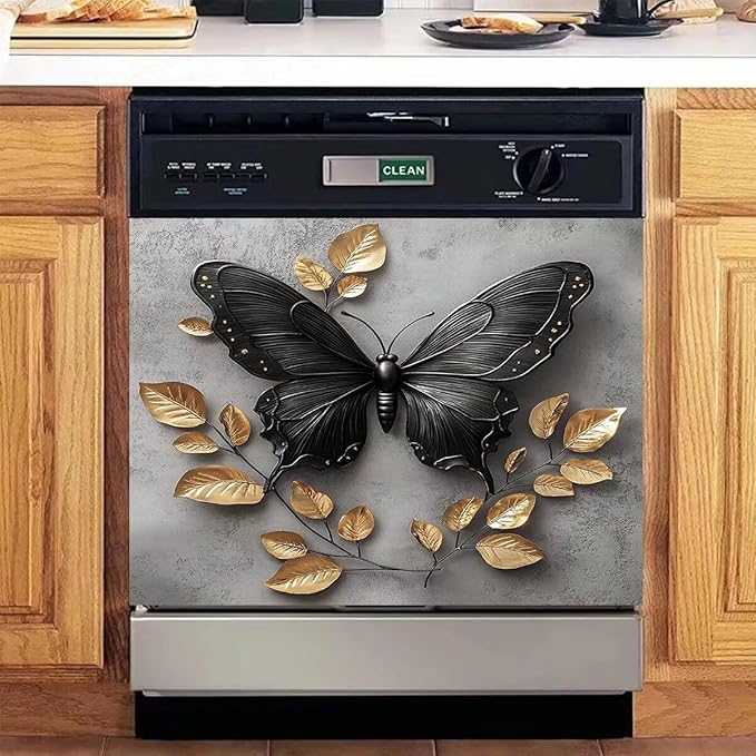 Black Butterfly Gold Leaf Dishwasher Magnet Cover Metalized Pattern Front Dishwasher Cover Magnetic Home Appliances Doors Panel Magnets Decals Kitchen Decorative 23" x 17"(Magnetic)