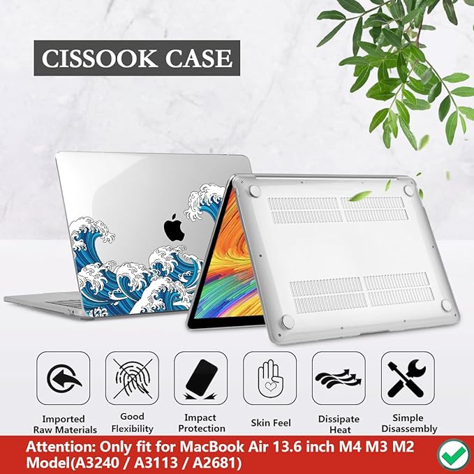 CISSOOK Wave Case for MacBook Air 13.6 inch 2026 2025 2024 2023 2022 Release, Ocean Hard Shell Cover for MacBook Air 13.6 A2681 A3113 A3240 A3449 M2 M3 M4 M5 Chip with Keyboard Cover - Great Wave