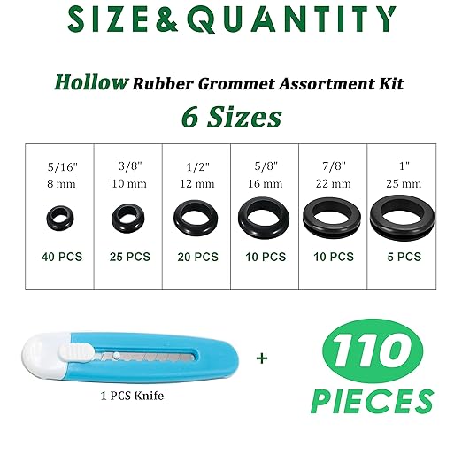 EASYEAH 110 Pcs Rubber Grommets for Wiring - Rubber Grommet Assortment Kit 6 Sizes 5/16 3/8 1/2 5/8 7/8 1 Inch, Cable Hole Plug Firewall Automotive Wire Grommets Set for Sheet Metal, Hardware Repair