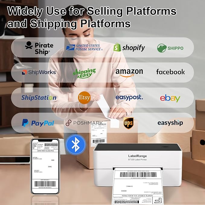 LabelRange Ecommerce Label Printer 4x6, Thermal Shipping Label Printer, Support Amazon, USPS, Pirate Ship, Shopify, Poshmark, Bluetooth and USB Connection