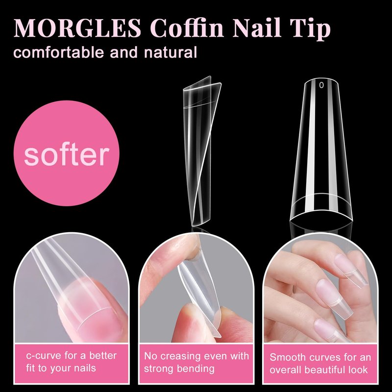 Coffin Nail Tips Set - 500 Pcs Clear Acrylic Tips with Glue, Clipper, Files & Cuticle Pusher | Perfect for Salons & DIY