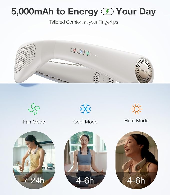 TORRAS COOLiFY Air 2026 Upgraded Neck Fan Air Conditioner, Dual-Airflow Pro Cooling, Ultra Light Portable Fan Rechargeable, Personal Cooling Fan Travel Essentials, Gift for Dad Father,White
