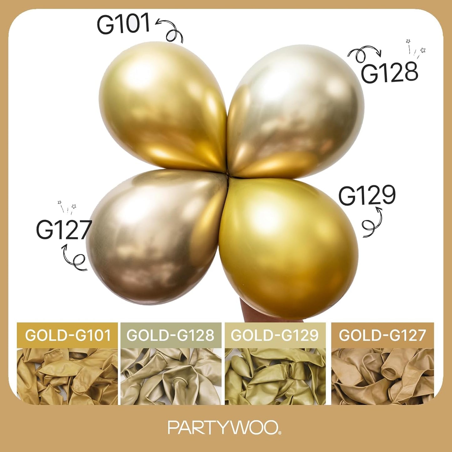 PartyWoo Metallic Gold Balloons - 145-Piece Chrome Balloon Arch Kit for Birthday & Wedding Decor | 5-18 Inch Sizes