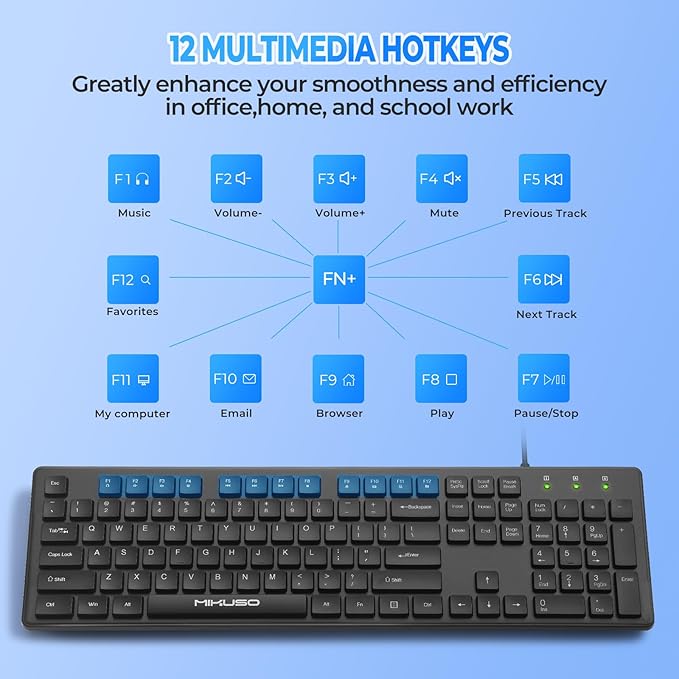 MIKUSO Laser Keyboard with Cover, Wired Keyboard 104 Keys Full Size, Laser Etched Non Fading Keycaps, Easy Clean Computer Keyboard with Number Pad for Office Desktop PC, 1.6m USB Cable- Black