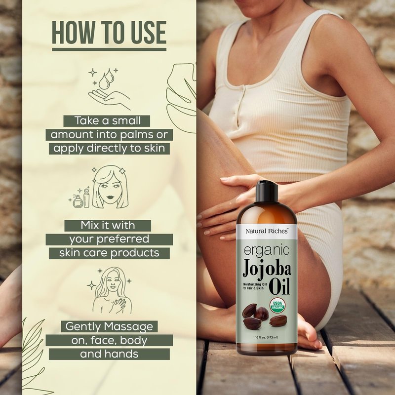 Natural Riches Organic Jojoba Oil, Pure (16 oz) | Moisturizing Oil for Face, Hair, Skin & Nails Cold Pressed Hexane Free Base Carrier oil.
