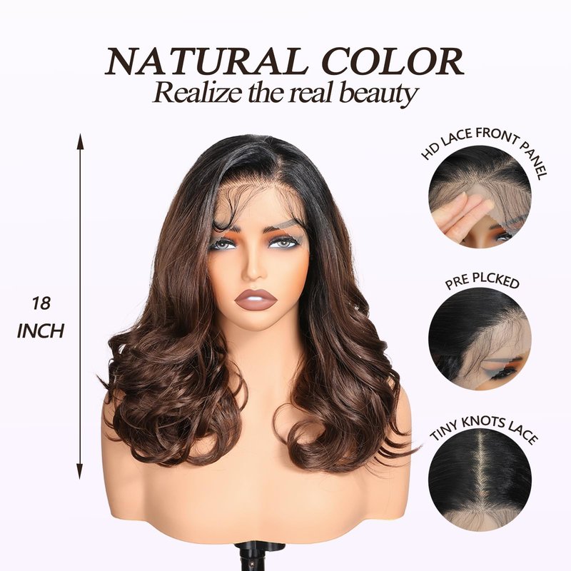 SISgrace Natural Black Ombre Brown 13 * 6 HD Lace Front Wigs Synthetic Glueless Pre Layered Body Wave Wigs for Women Pre Plucked 18 Inch Tiny Knots Lace Natural Hairline Bob Wigs