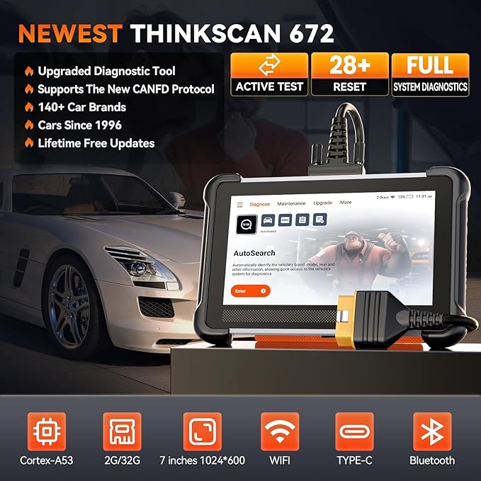 THINKCAR Bidirectional Scan Tool, Thinkscan 672 All System OBD2 Scanner Diagnostic Tool, 28 Reset,Scanner for Car with Active Test, FCA Autoauth,CANFD, Free Lifetime Upgrade,Automotive Diagnostic Tool