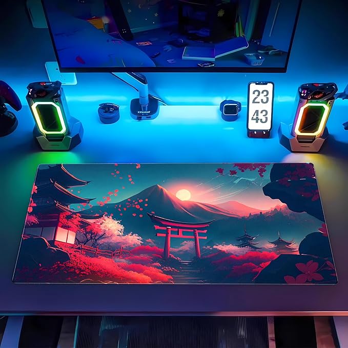 Cindasun Japanese Anime Mouse Pad - Pink Sakura & Full Moon Design Gaming Desk Mat, XL Large (31.5"x15.7") Keyboard Pad for PC Laptop Office Decor