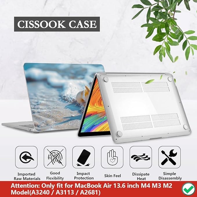 CISSOOK Compatible with MacBook Air 13.6 inch Case 2026 2025 2024 2022 Release M5 A3449 M4 A3240 M3 A3113 M2 A2681, Plastic Hard Shell Protective Case with Keyboard Cover Screen Protector, Beach&Shell