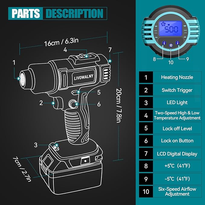 LIVOWALNY Cordless Heat Gun Compatible with Makita 18V Battery (Tool Only) LCD Digital Display - 350W 122℉-1022℉ Adjustable Portable Battery Powered Hot Air Gun for Shrink Tubing Crafts Vinyl Wrap