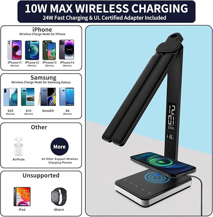 oviouit LED Desk Lamp with Charger, USB Charging Port, Dual Swing Arm Desk Light with 5 Brightness, 3 Colors, Table Lamp with Clock, Alarm, Date, Temperature, Desk Lamp for Home Office Study (Black)
