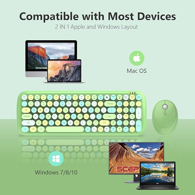 KNOWSQT Wireless Keyboard and Mouse Combo, Light Green 100 Keys 2.4 GHz Round Keycap Typewriter Keyboards, USB Receiver Plug and Play, for Windows, PC, Laptop, Mac, Desktop